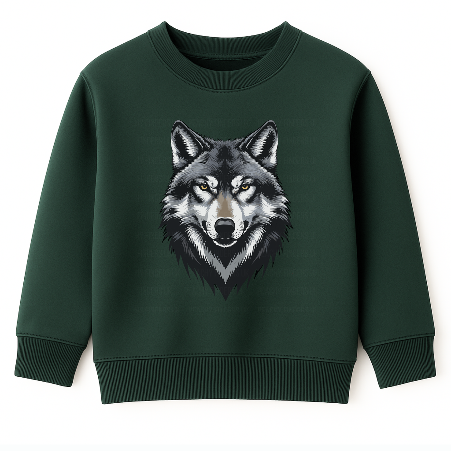 Kids dark green crewneck sweatshirt with grey wolf head graphic on white background.