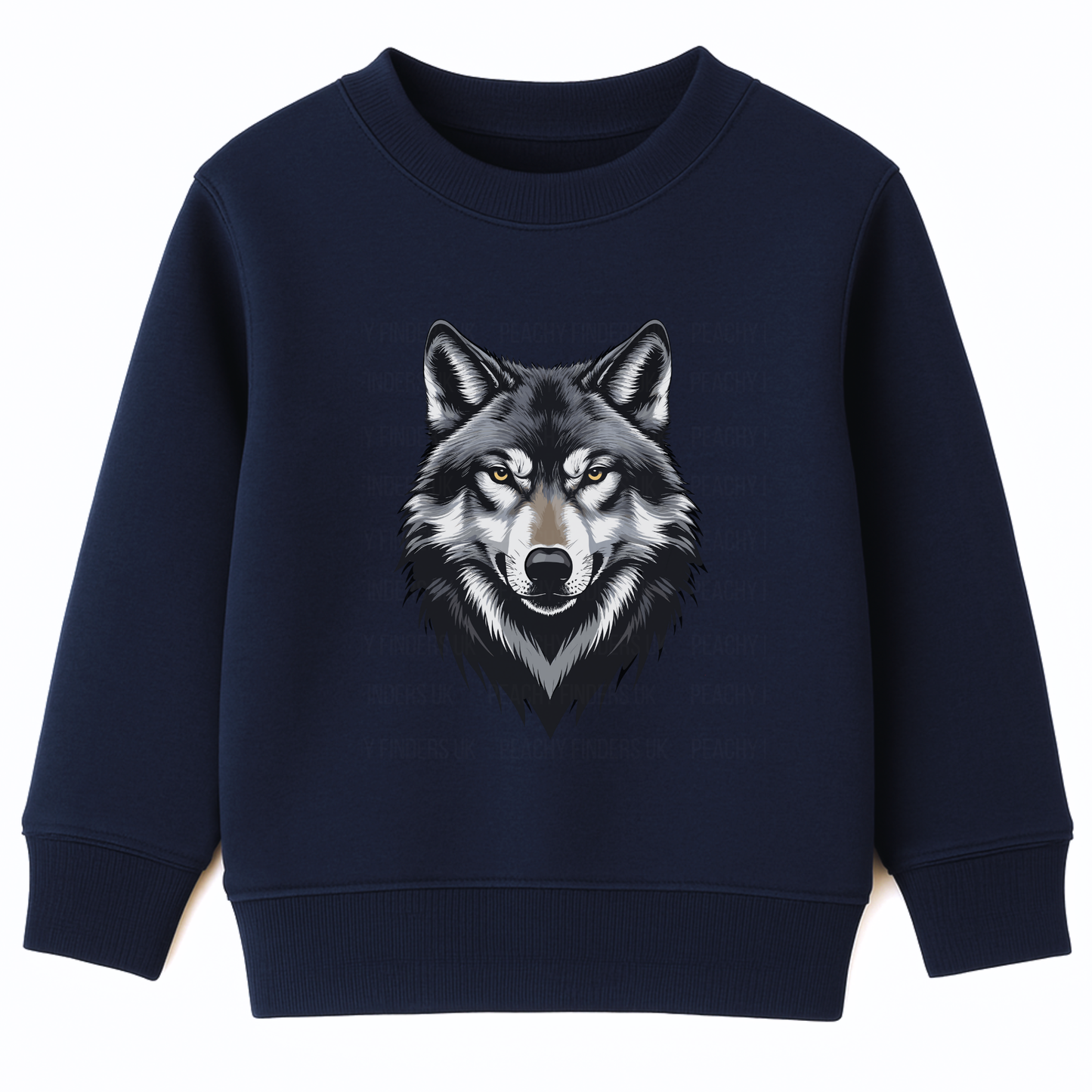 Kids navy crewneck sweatshirt with grey wolf head graphic on white background.