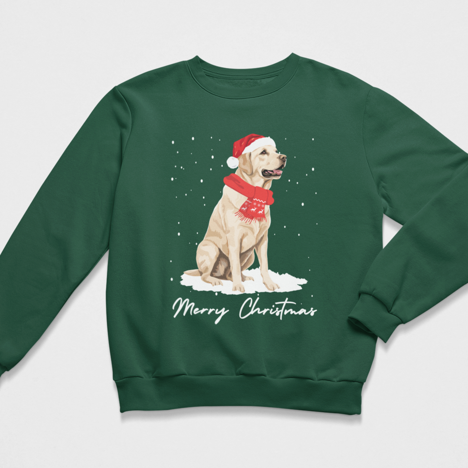 A kids dark green crewneck sweatshirt featuring a graphic of a yellow Labrador Retriever wearing a red Santa hat and scarf, sitting in the snow with 'Merry Christmas' written below in white script.