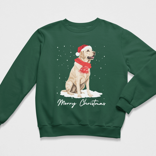 A kids dark green crewneck sweatshirt featuring a graphic of a yellow Labrador Retriever wearing a red Santa hat and scarf, sitting in the snow with 'Merry Christmas' written below in white script.