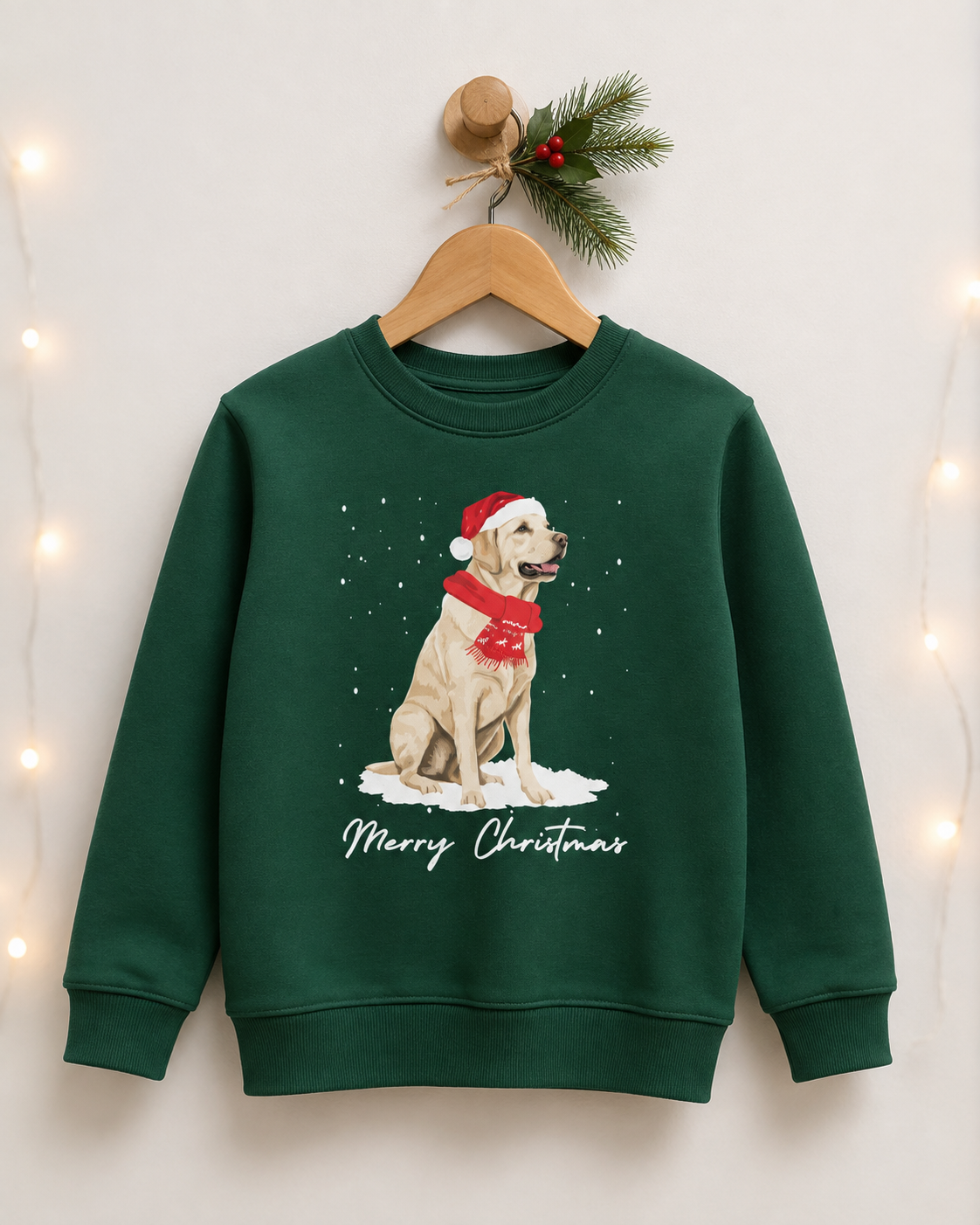 A kids dark green crewneck sweatshirt hanging on a wooden hanger against a light wall, decorated with warm fairy lights and a pine sprig. The sweatshirt features a graphic of a yellow Labrador retriever wearing a red Santa hat and scarf, sitting in snow with 'Merry Christmas' written below.