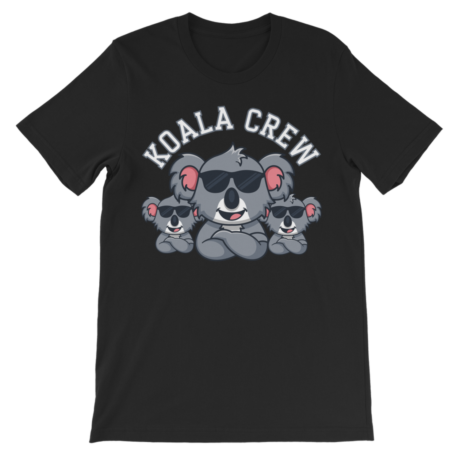 Black unisex kids cotton T-shirt featuring Koala Crew koala sunglasses design