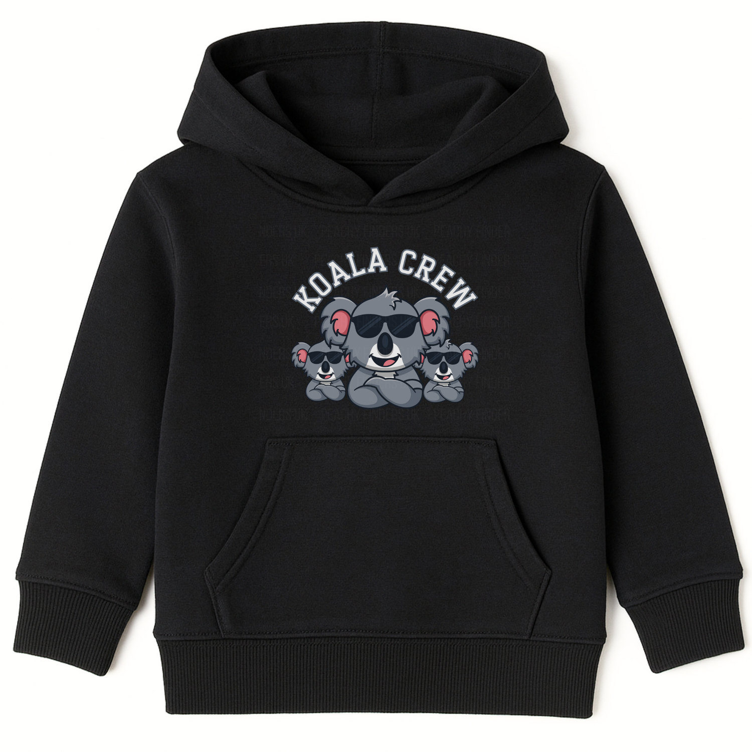 Kids black hoodie with 'Koala Crew' design on a white background