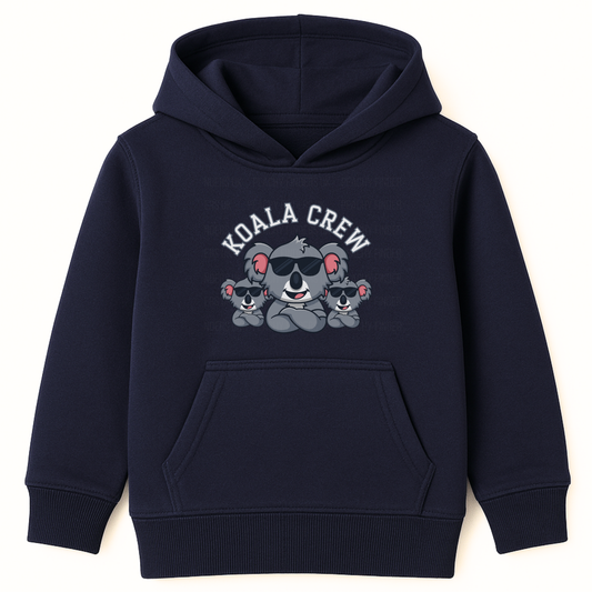 Navy blue hoodie with koala design and 'Koala Crew' text on a white background