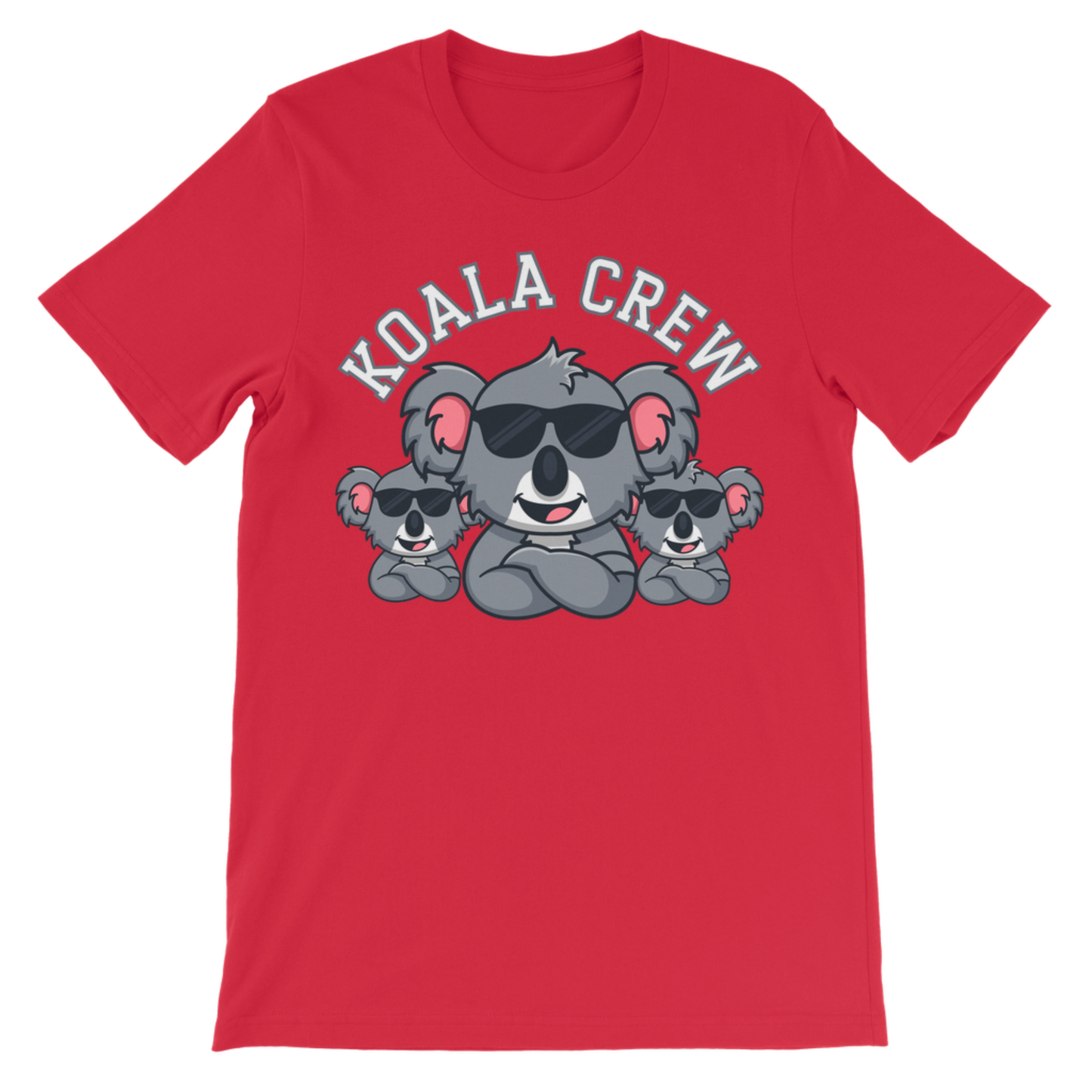 Unisex red kids cotton T-shirt with Koala Crew graphic featuring three cartoon koalas wearing sunglasses