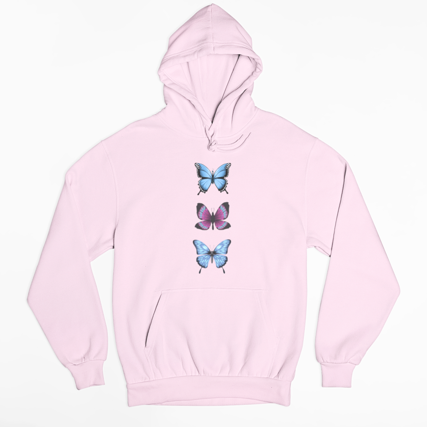 Flat lay of baby pink butterfly trio hoodie showing front print and kangaroo pocket