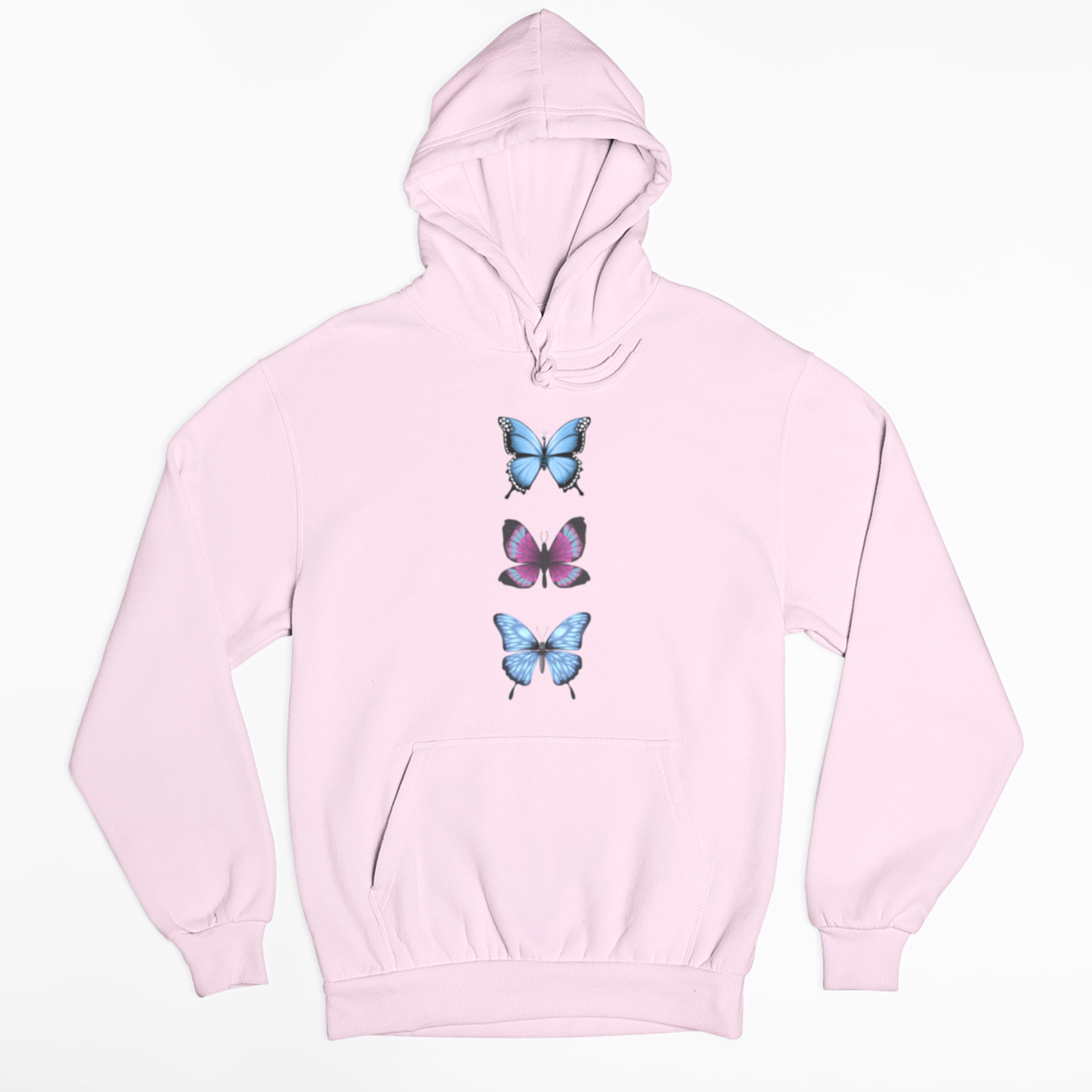 Flat lay of baby pink butterfly trio hoodie showing front print and kangaroo pocket