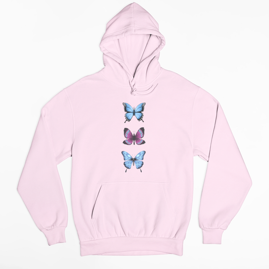 Flat lay of baby pink butterfly trio hoodie showing front print and kangaroo pocket