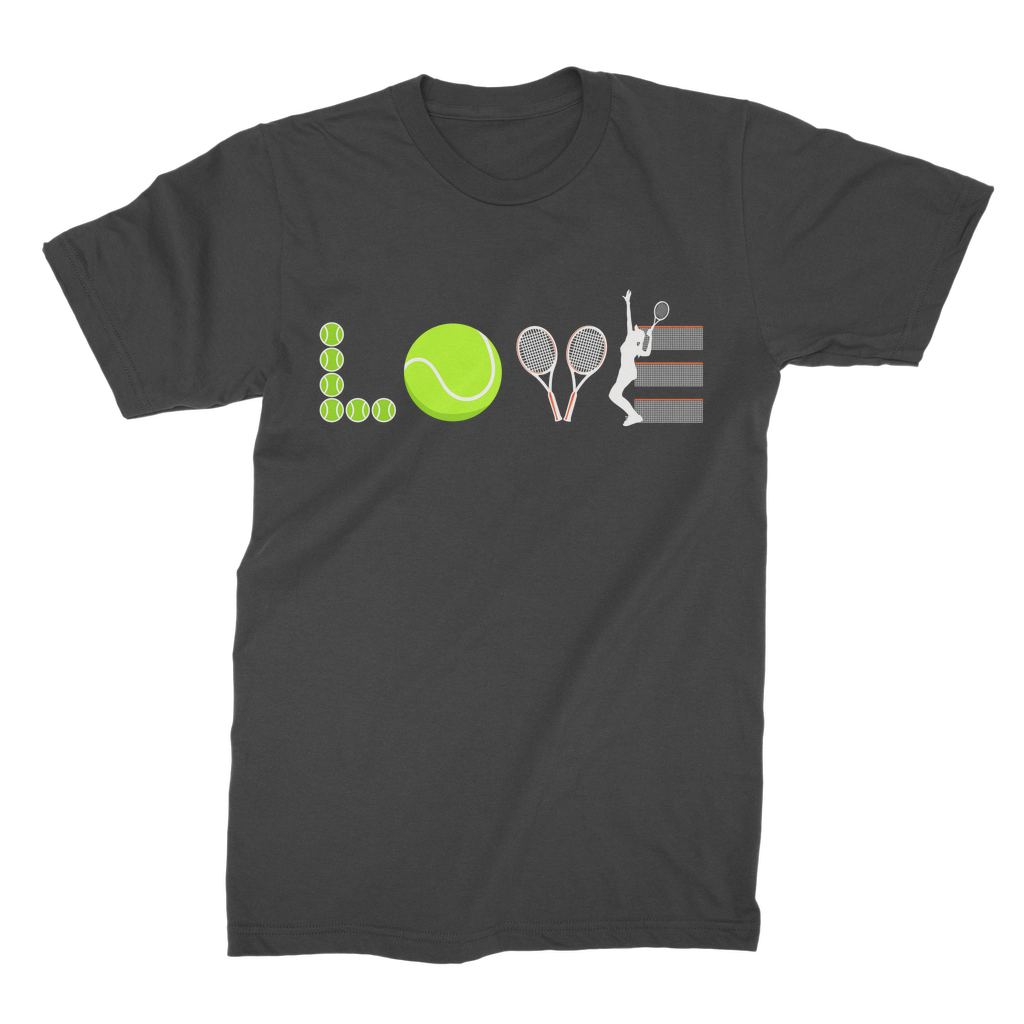 Ladies t-shirt in black with a tennis-themed graphic print, featuring rackets, tennis balls, and nets.
