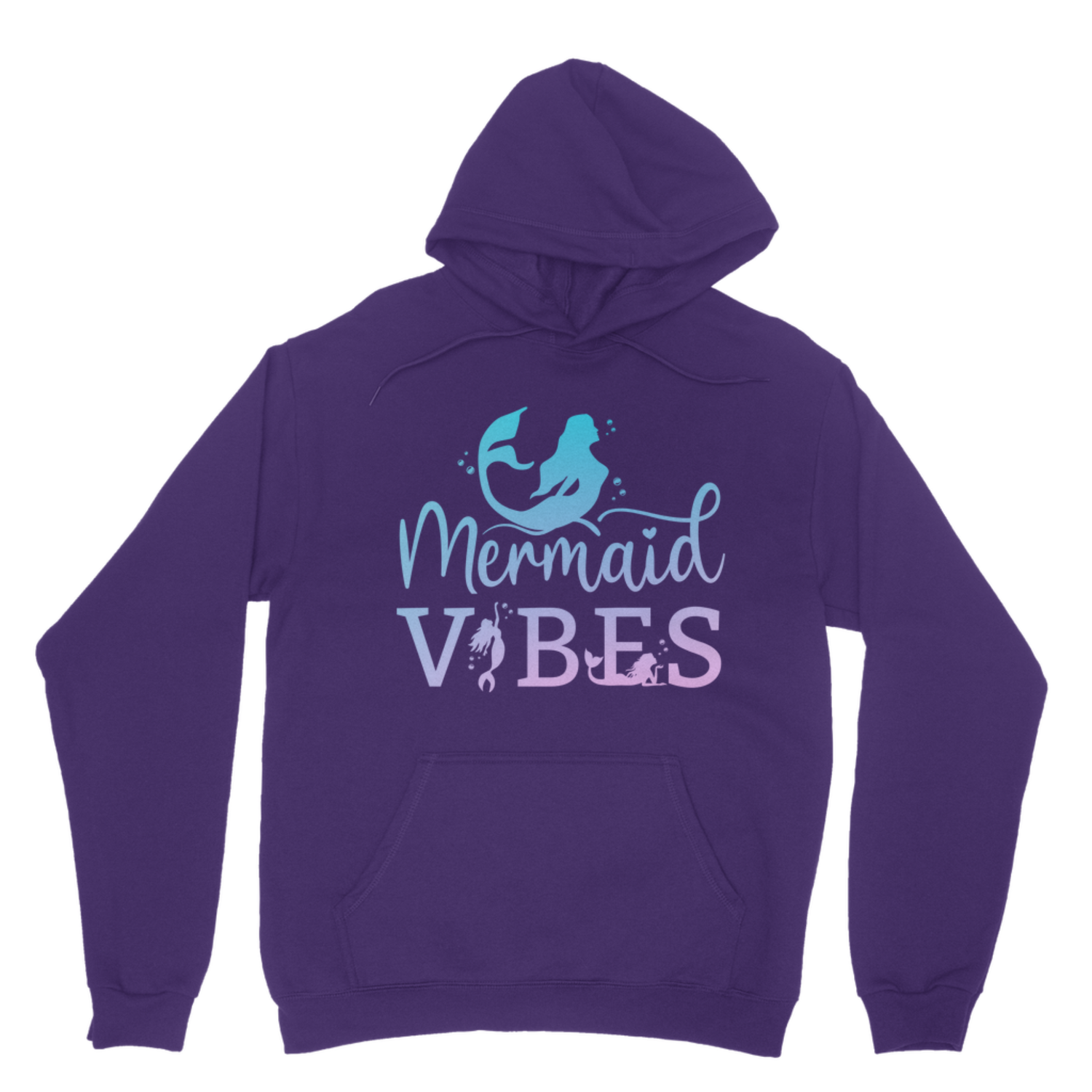 Purple pullover hoodie with “Mermaid Vibes” mermaid graphic print on the front
