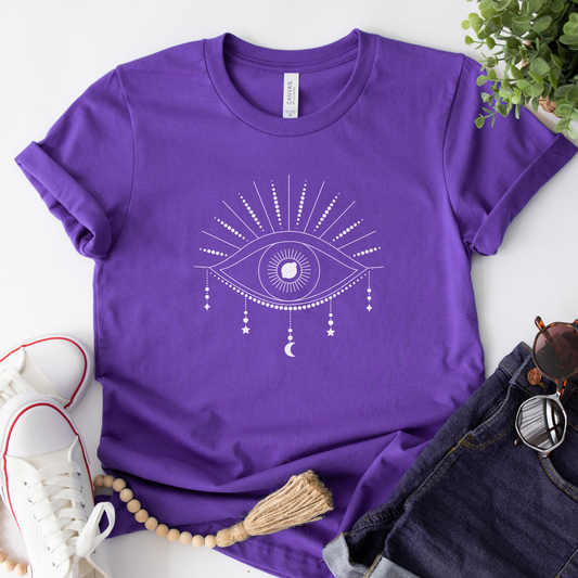 Royal purple cotton t-shirt with a mystical eye graphic design in the centre.