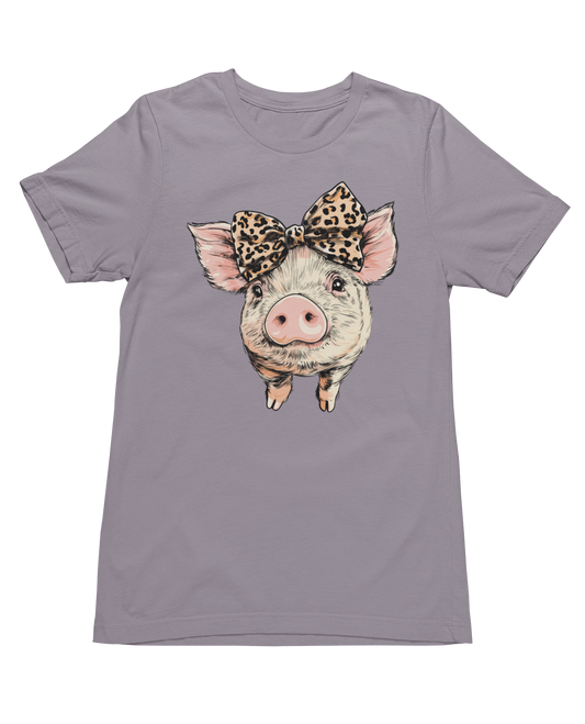 Ladies cotton t-shirt featuring a cute pig with a leopard print bow