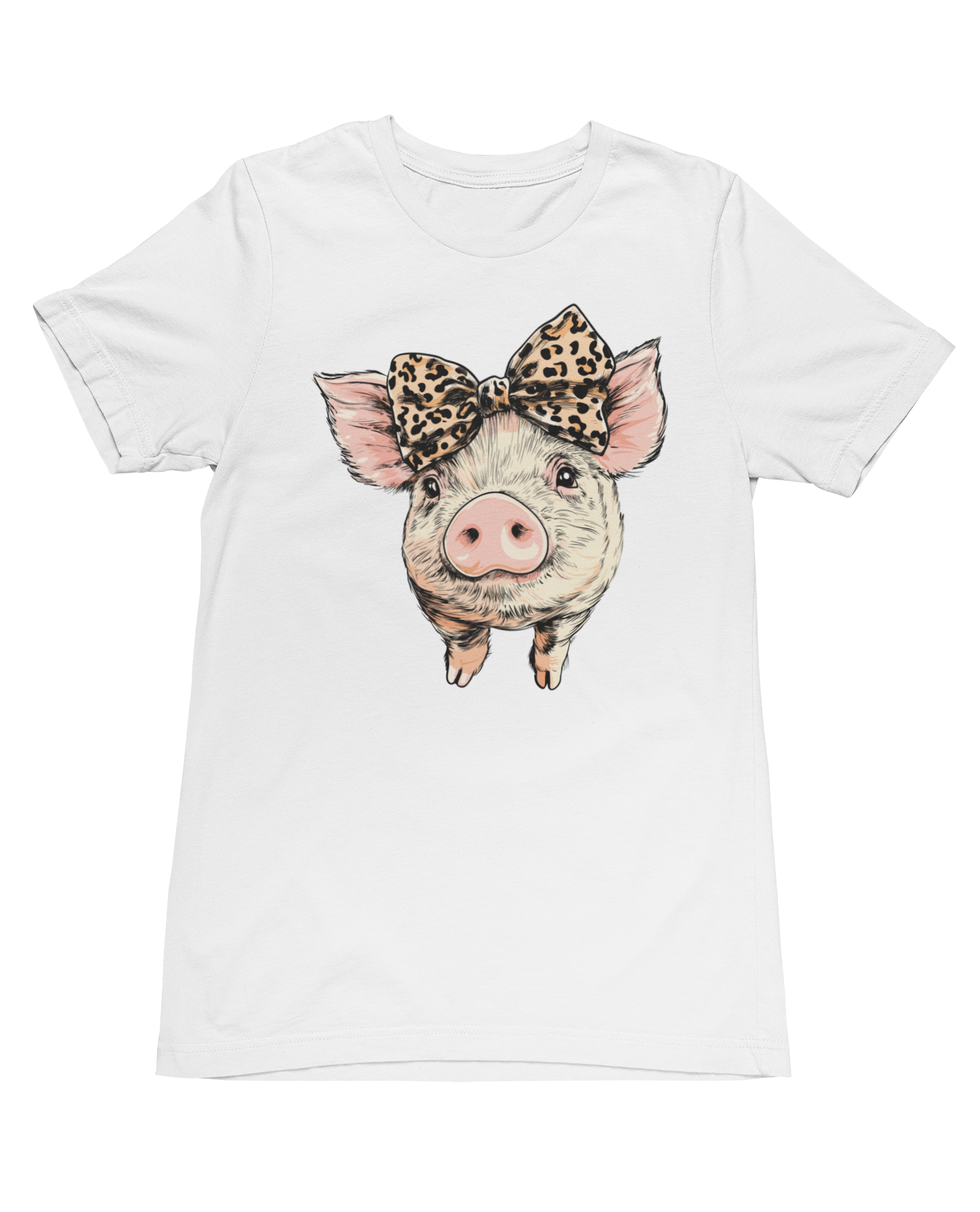 Ladies white cotton t-shirt featuring a cute pig with a leopard print bow