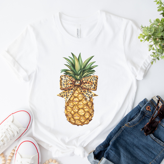 Ladies Pineapple T-Shirt – Leopard Print Bow Summer Tee (S-4XL)