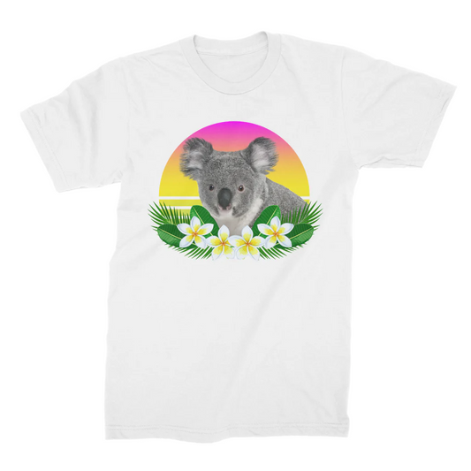 Ladies white cotton t-shirt with a tropical koala, sunset background and frangipani flowers