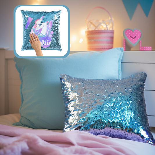 Personalised Unicorn Sequin Cushion - Custom Name Magic Reveal Pillow 40x40cm