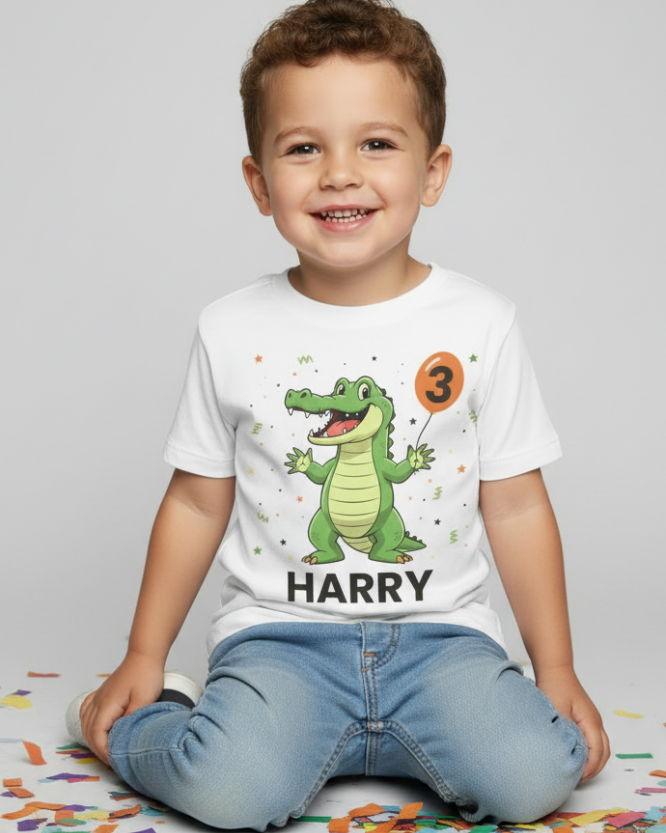 Kids crocodile birthday t-shirt with name Harry and number 3 worn by smiling young boy sitting with confetti