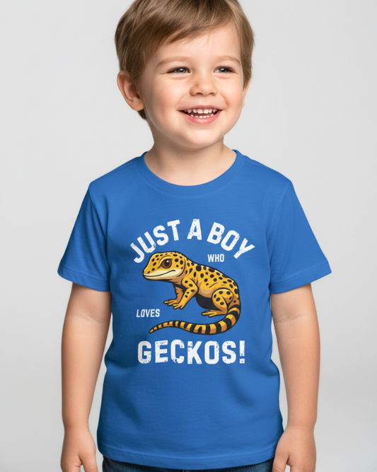 Royal blue kids gecko t-shirt for boys with “Just a Boy Who Loves Geckos” design and leopard gecko graphic, shown in studio setting.