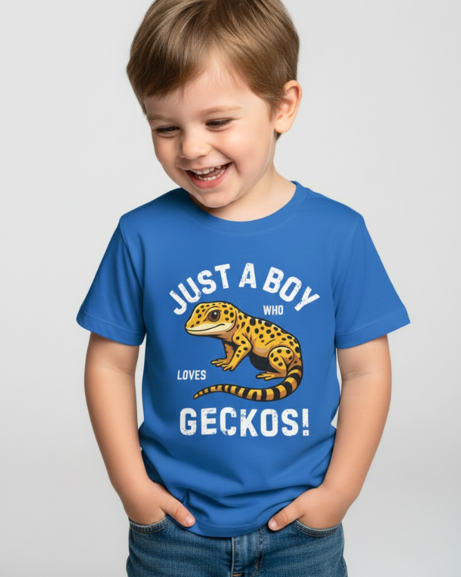 Boys royal blue gecko lover t-shirt featuring leopard gecko print and “Just a Boy Who Loves Geckos” text, modelled against grey background.