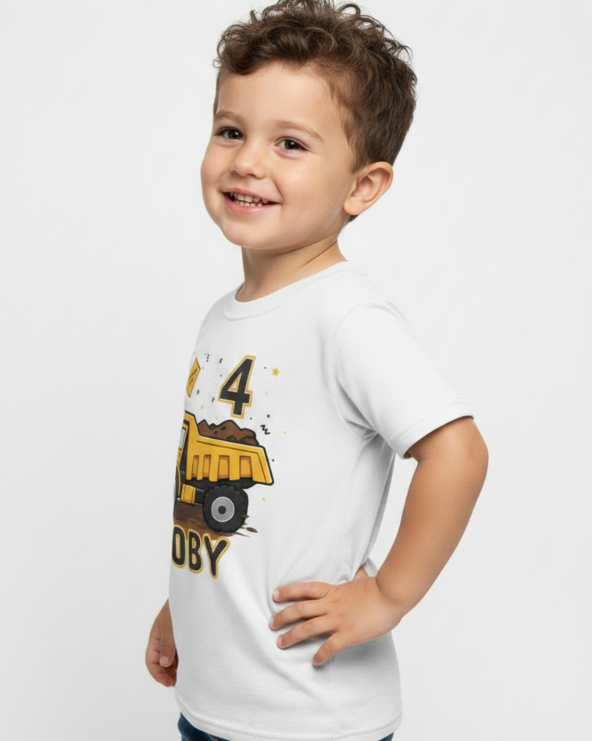 Little boy wearing white personalised dump truck birthday t-shirt with custom name Toby side view