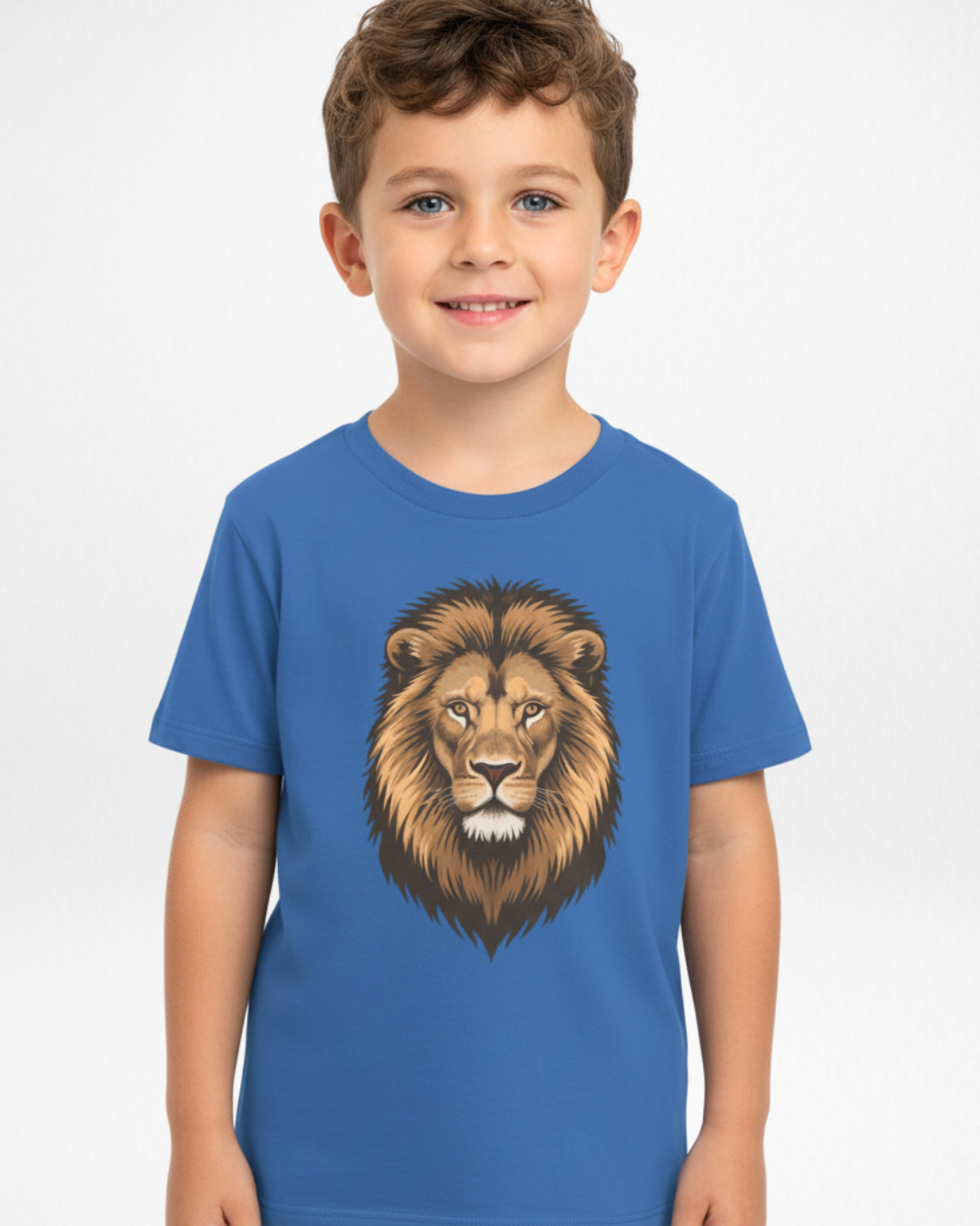 Young boy wearing royal blue lion graphic t-shirt, kids unisex animal print casual outfit