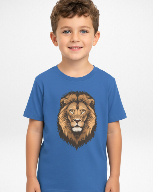 Young boy wearing royal blue lion graphic t-shirt, kids unisex animal print casual outfit