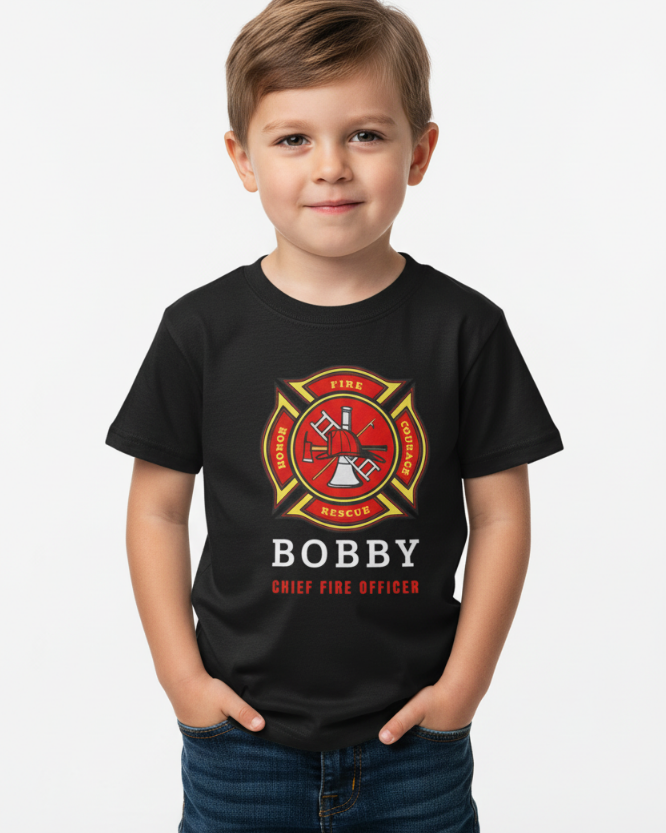Kids personalised firefighter t-shirt with name Bobby, black chief fire officer design, boy wearing custom fire engine themed tee