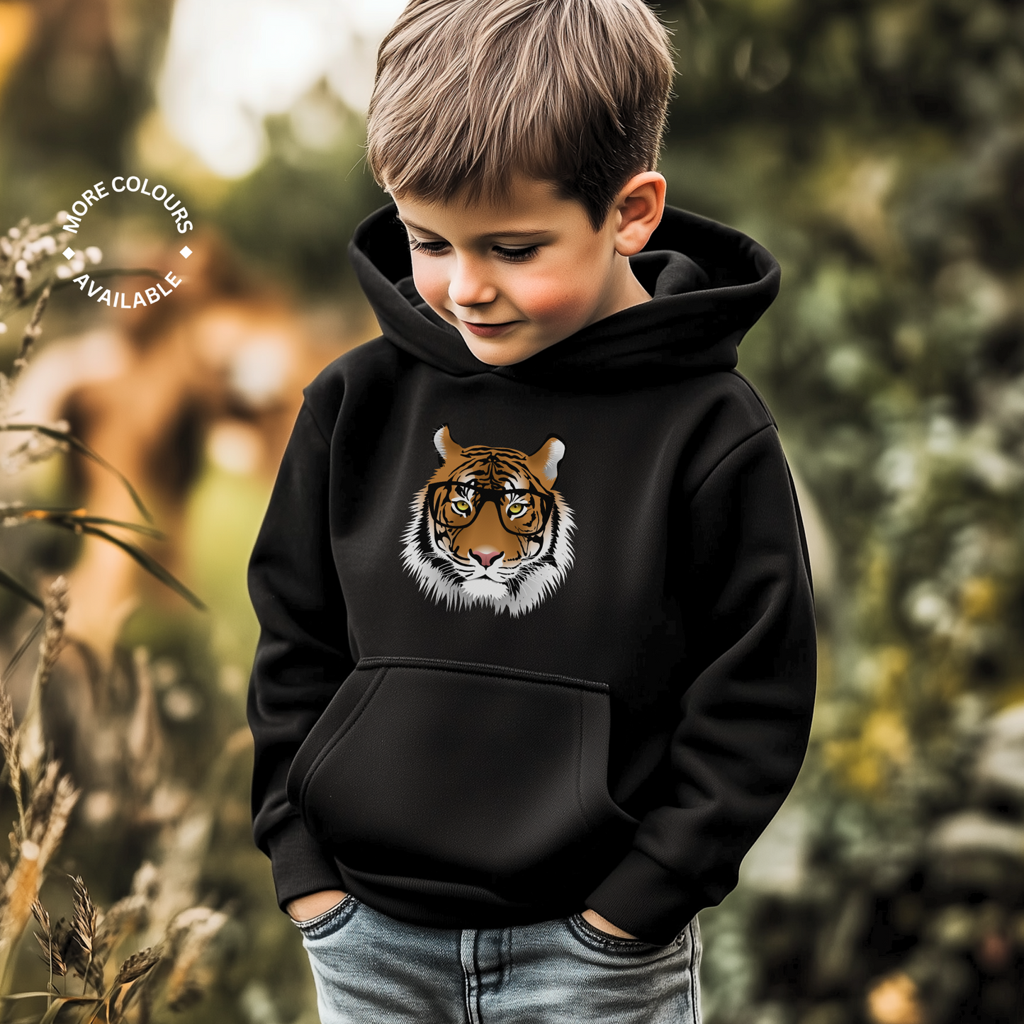 Young boy wearing a black “Intelligent Tiger” hoodie standing outdoors in a grassy garden.