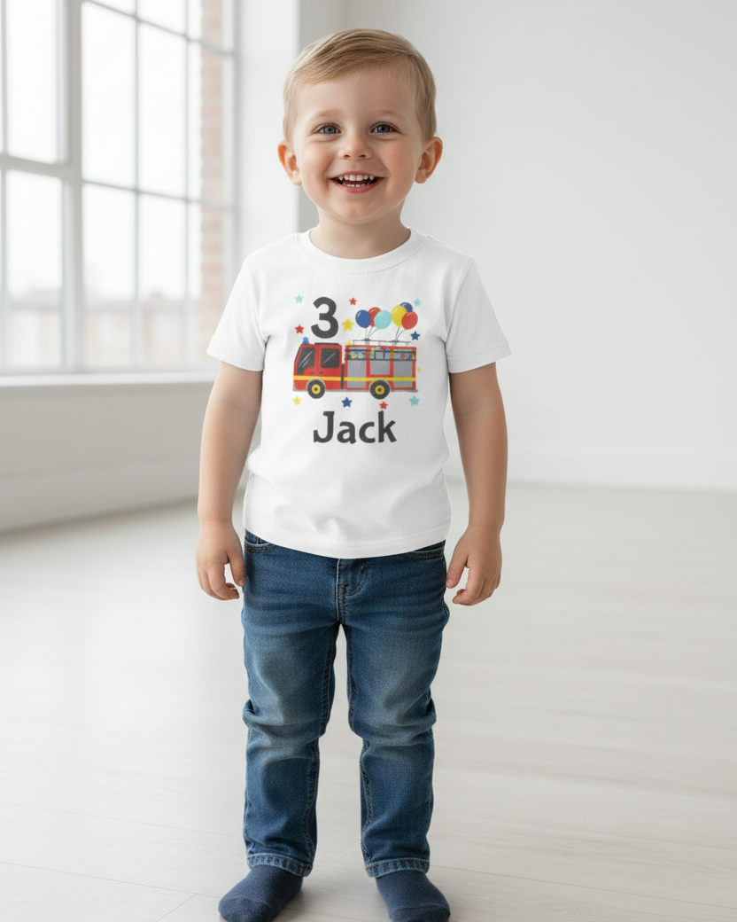 Little boy modelling white personalised 3rd birthday fire truck T-shirt with name “Jack”, bright studio background, graphic fully visible.
