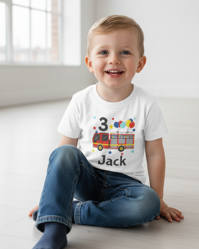 Happy toddler sitting on floor wearing personalised 3rd birthday fire engine T-shirt with balloons and name “Jack”, soft natural studio lighting.