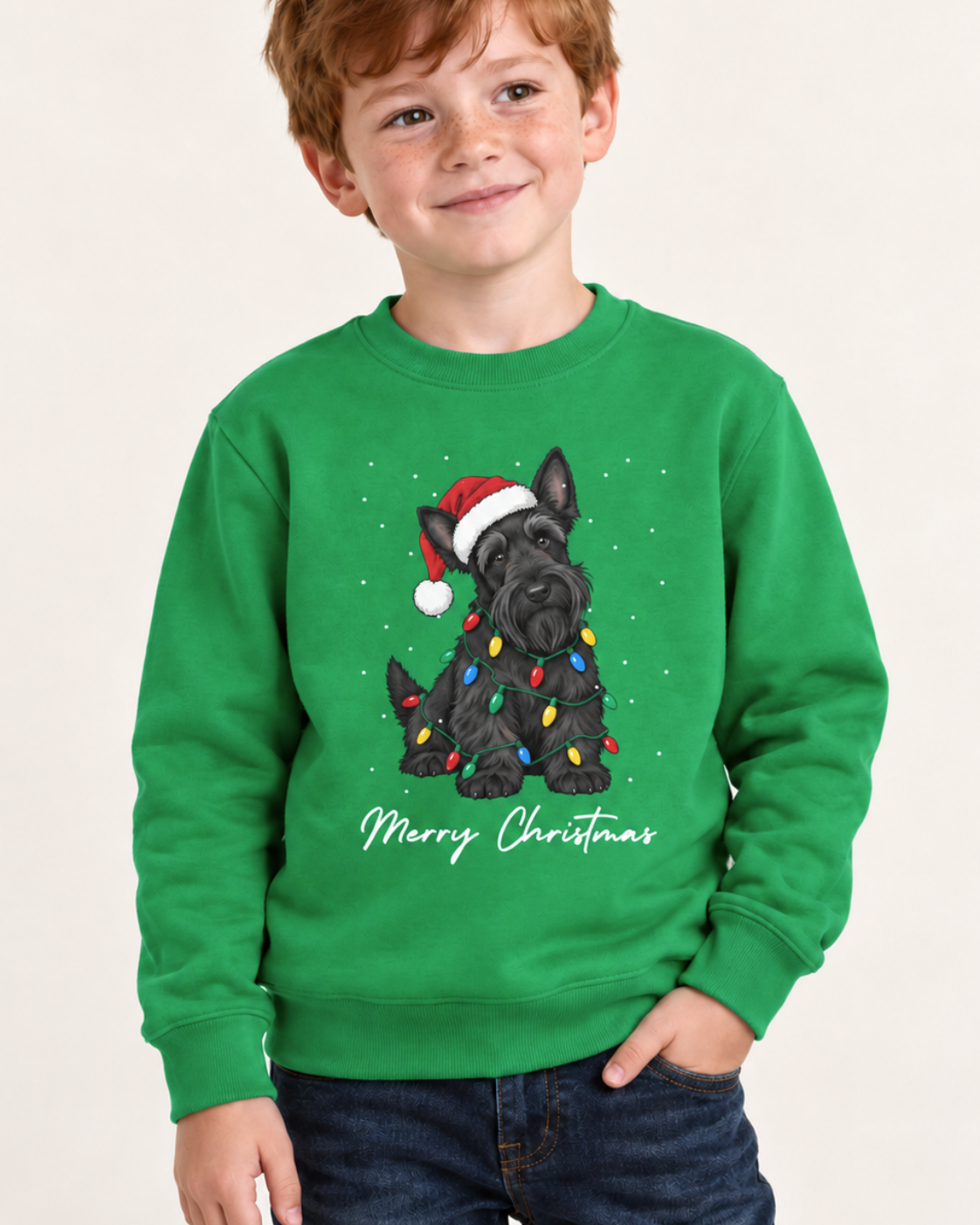 A young boy wearing a bright green crewneck sweatshirt with a graphic of a black Scottish Terrier wearing a red Santa hat wrapped in colourful Christmas lights, with 'Merry Christmas' written below.