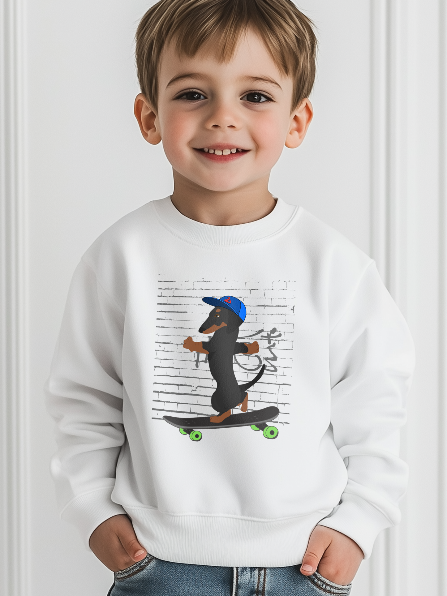 Smiling boy wearing a white sweatshirt with a skateboarding dachshund graphic on the front