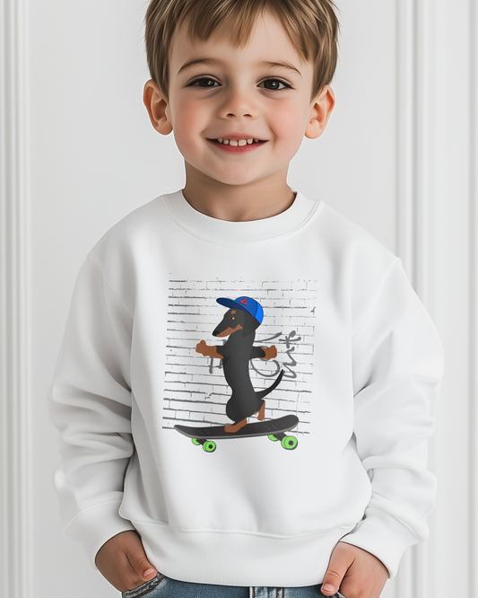 Smiling boy wearing a white sweatshirt with a skateboarding dachshund graphic on the front