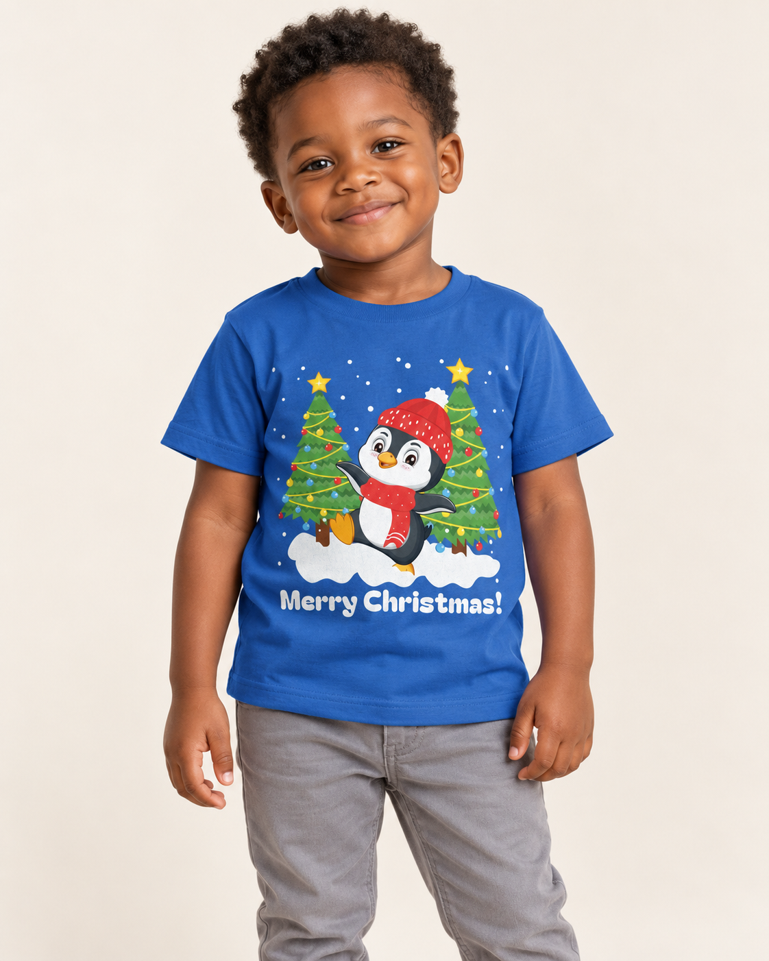 A young boy wearing a royal blue short-sleeve t-shirt with a festive Christmas penguin graphic and grey jogger in a studio setting.