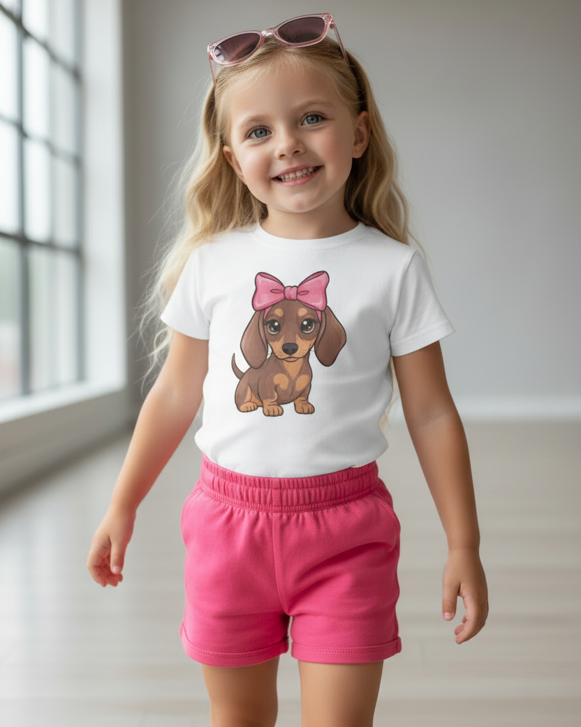 Little girl wearing white dachshund t-shirt with pink bow dog graphic and pink shorts, studio lifestyle image, kids dog lover shirt