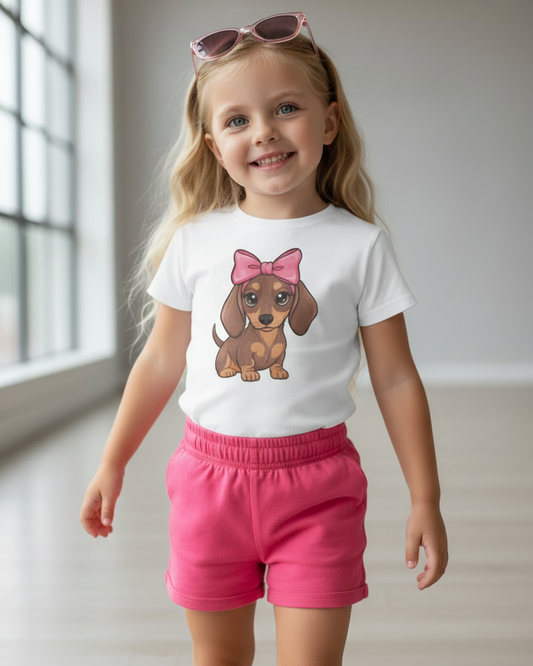 Little girl wearing white dachshund t-shirt with pink bow dog graphic and pink shorts, studio lifestyle image, kids dog lover shirt