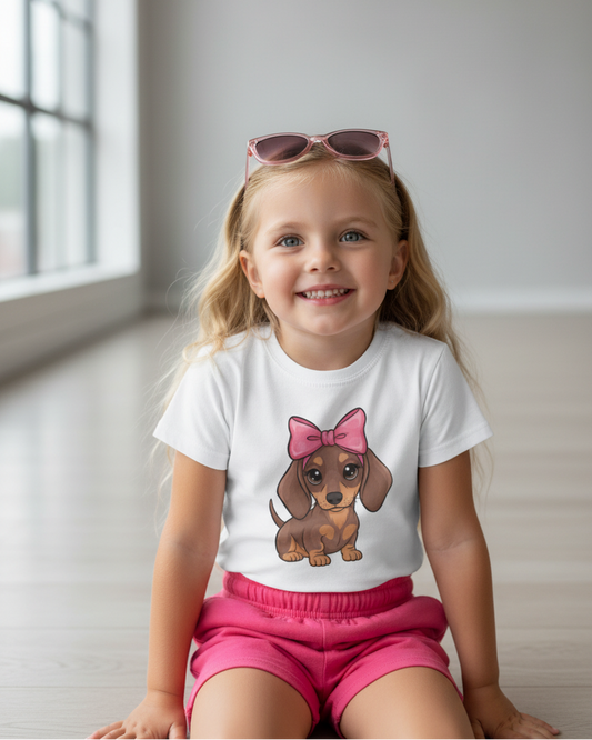 Smiling toddler girl in white cute dachshund graphic t-shirt with pink bow and pink shorts, indoor studio kids apparel photo