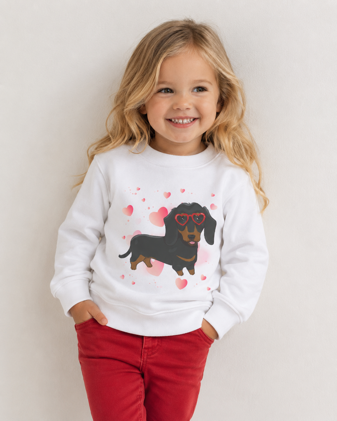 A young girl with blonde hair smiling, wearing a white sweatshirt with a black and tan dachshund graphic wearing red heart-shaped sunglasses. Styled with red jeans, standing against a light grey background.