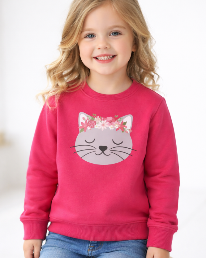 Blonde girl wearing pink kids sweatshirt with cute floral cat design, children's cat graphic jumper styled with jeans, studio kids-wear 
