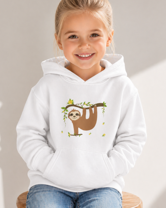 Young girl wearing white sloth hoodie and jeans, studio portrait kids fashion model.