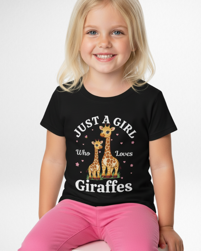 Young girl wearing black “Just a Girl Who Loves Giraffes” t-shirt with giraffe design, sitting and smiling in studio