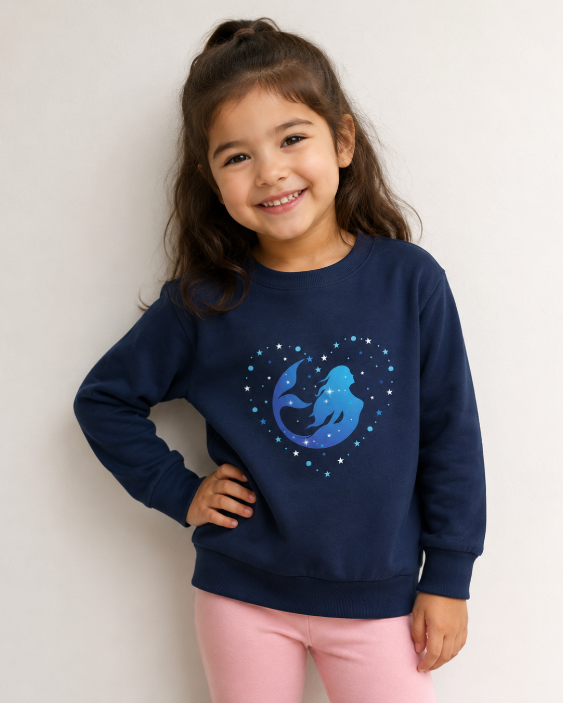 A young girl with dark hair in a high ponytail smiling while wearing a navy blue sweatshirt with a blue mermaid and heart graphic, paired with pink leggings, against a plain light background.