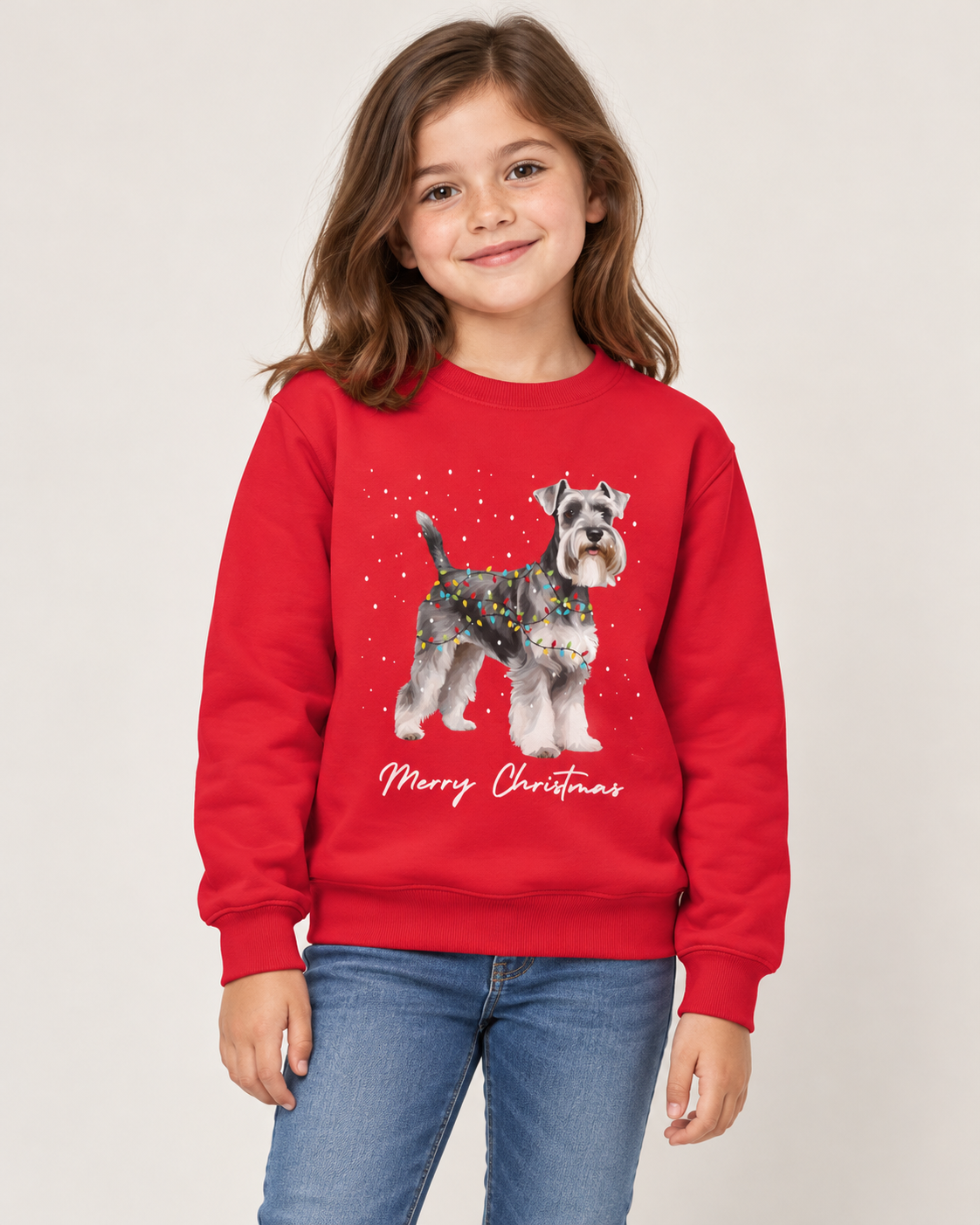 Young girl smiling while wearing the red kids Christmas Schnauzer sweatshirt paired with blue jeans against a plain studio backdrop.