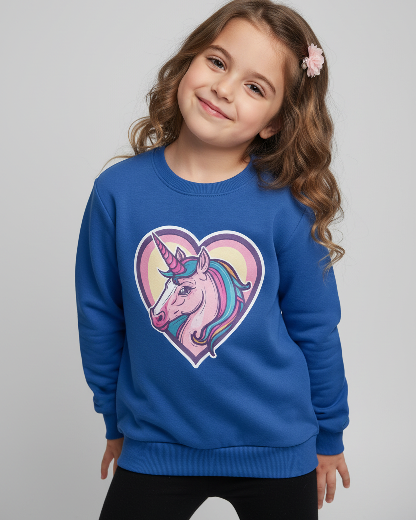 A young girl with wavy brown hair and a pink flower hair clip is wearing a royal blue crewneck sweatshirt with a colourful unicorn graphic inside a heart on the front, paired with black pants, against a solid light grey background.