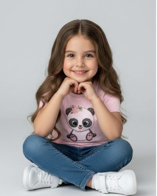 Girl sitting wearing light pink panda t-shirt with floral panda design, jeans and white trainers, studio photo