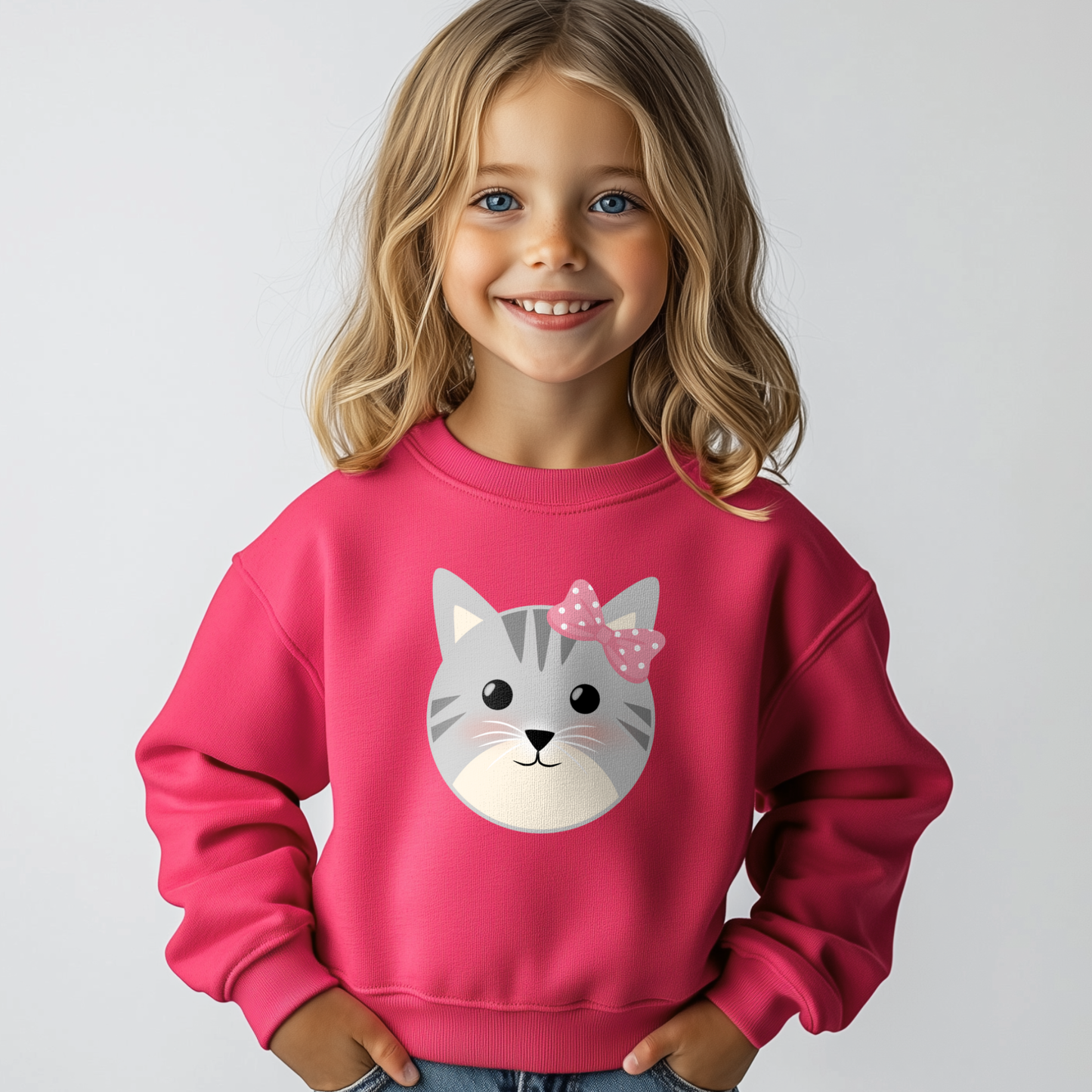 Smiling girl wearing pink cat sweatshirt with grey kitten face and pink polka-dot bow on the front
