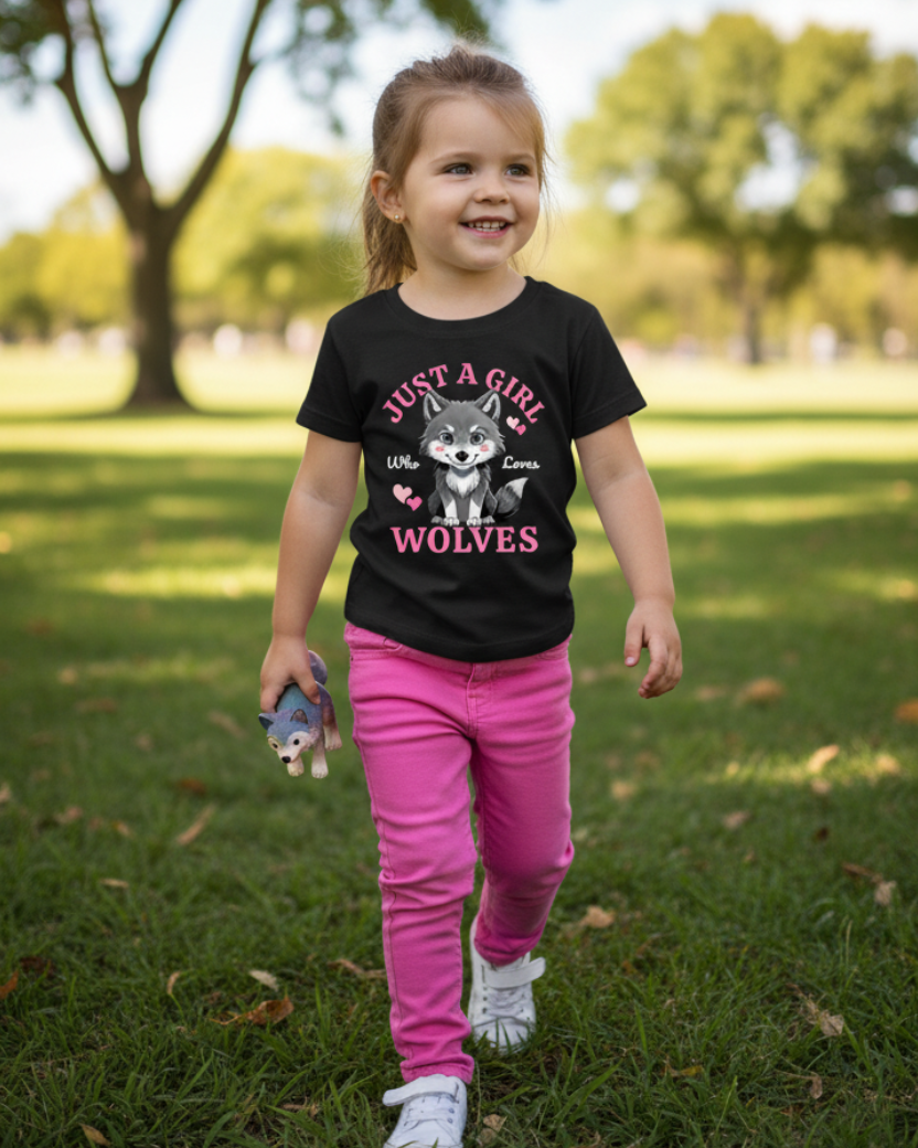 Young girl walking in park wearing black “Just a Girl Who Loves Wolves” children’s t-shirt and pink trousers