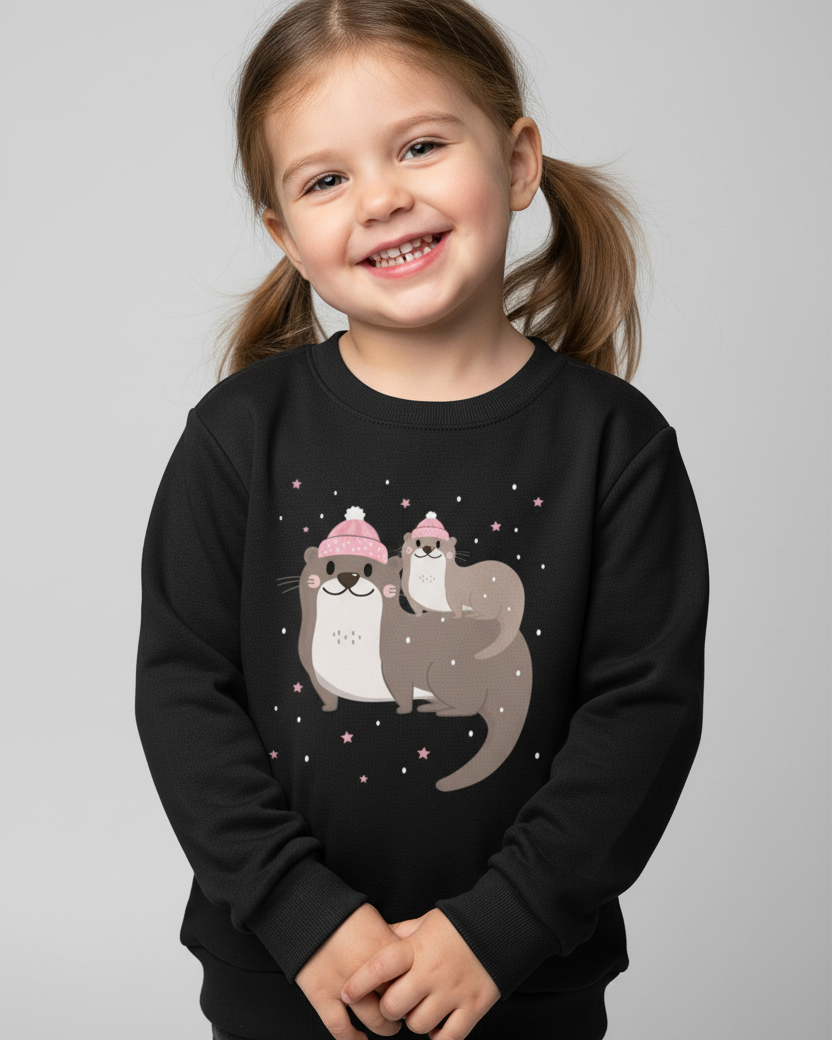 Smiling child wearing black winter otter sweatshirt on a light studio background, cute mum and baby otter design for kids