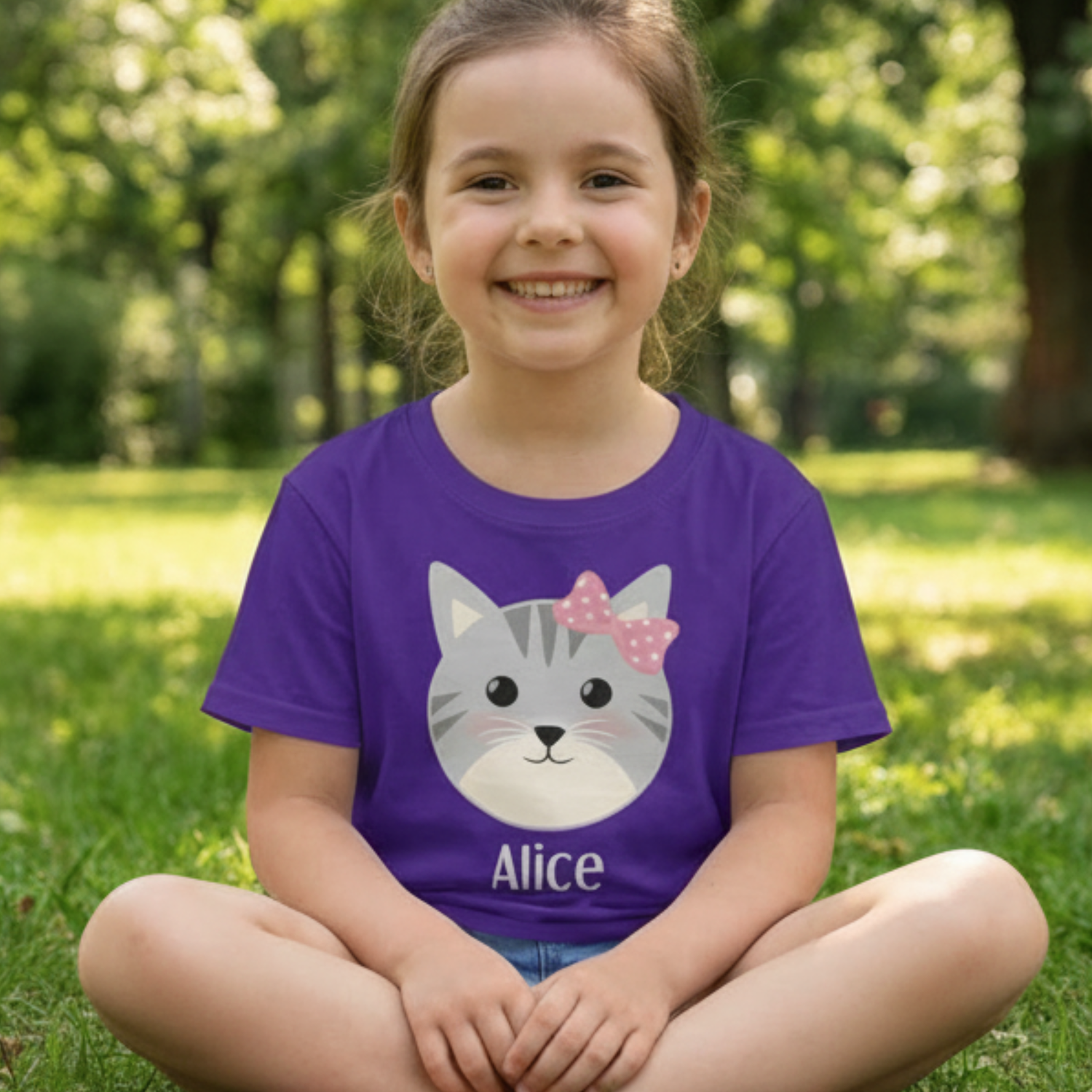 Young girl wearing a purple t-shirt with a cat graphic and the name 'Alice' outdoors.