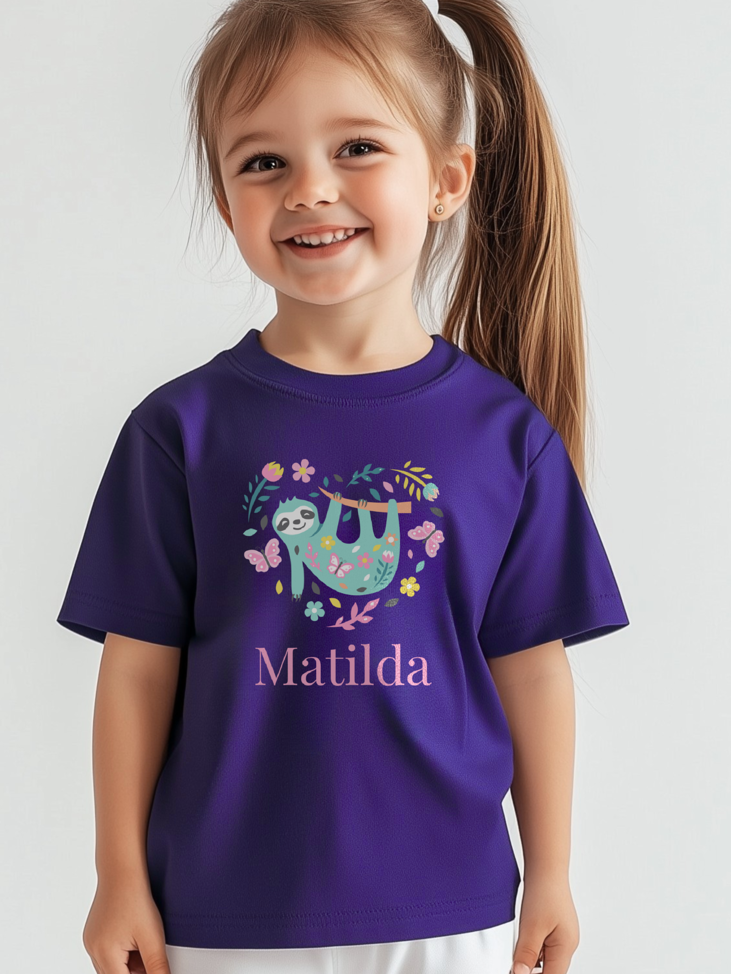 Little girl models a Purple t-shirt featuring a cute floral sloth hanging from a branch with heart shaped butterflies, and flowers personalised with the name Matilda.